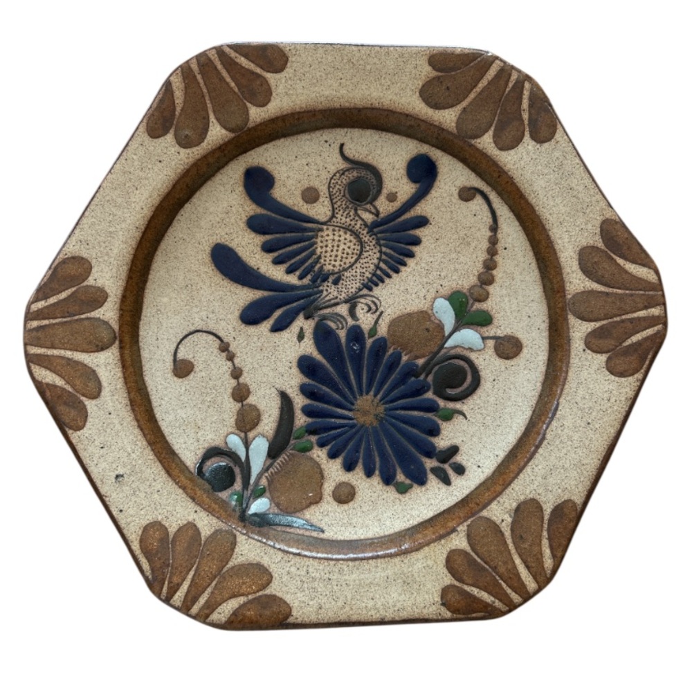 Tonala Mexican Folk Art Pottery Plate Wall Hanging Mexico Blue Bird & Flowers